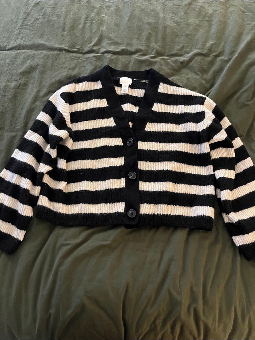 H&M Black and White Striped Cropped Button Cardigan